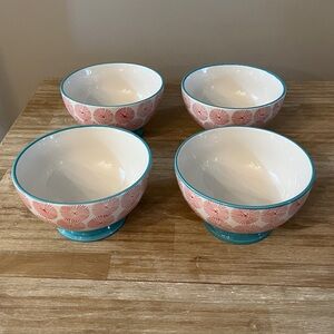 Pioneer Woman. 4 Ceramic Bowls with Aqua and Red Details